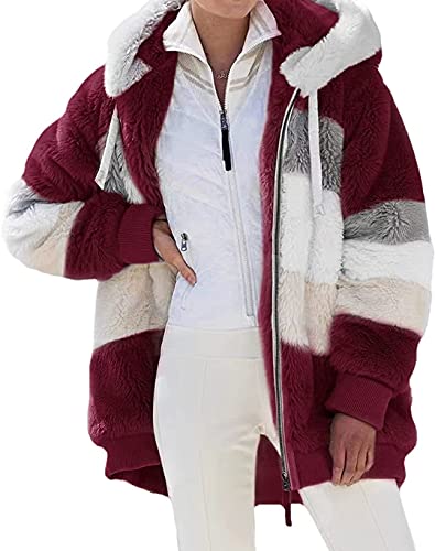 ASKSA Damen Fleecejacke Plüschjacke Fuzzy Kapuzenjacke Strickjacke Offene Front Mantel Reißverschluss Fleece Farbblock Kunstpelzjacke mit Kapuze(Weinrot,XXL) von ASKSA