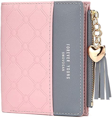 ASKSA Damen Geldbeutel Quaste PU Leder Portemonnaie Multi Slots Kleine Brieftasche Schlanke Kartenhalter Geldbörse Für Frauen (Rosa) von ASKSA