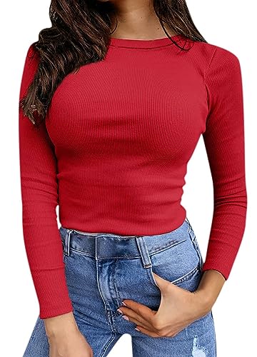 ASKSA Damen Gerippt Langarmshirt Slim Fit Langarm Oberteile Basic T-Shirt Top Pullover Langarm Shirts (Rot,S) von ASKSA
