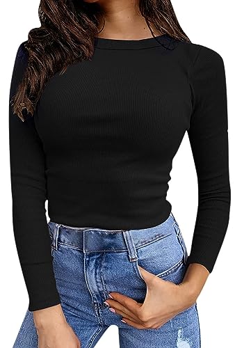 ASKSA Damen Gerippt Langarmshirt Slim Fit Langarm Oberteile Basic T-Shirt Top Pullover Langarm Shirts (Schwarz,S) von ASKSA