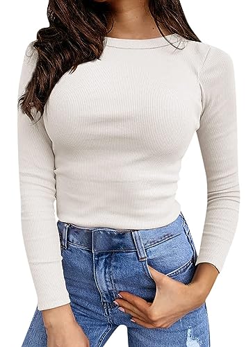 ASKSA Damen Gerippt Langarmshirt Slim Fit Langarm Oberteile Basic T-Shirt Top Pullover Langarm Shirts (Weiß,M) von ASKSA