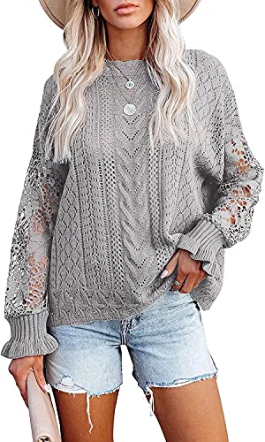 ASKSA Damen Hohl Pullover Spitze Häkelpullover Langarm Strickpullover Rundhals Oversize Lässige Elegante Lose Strick Pulloveroberteil Sweater(Grau,L) von ASKSA