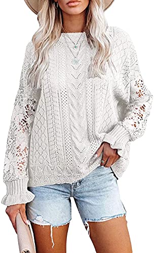 ASKSA Damen Hohl Pullover Spitze Häkelpullover Langarm Strickpullover Rundhals Oversize Lässige Elegante Lose Strick Pulloveroberteil Sweater(Weiß,L) von ASKSA