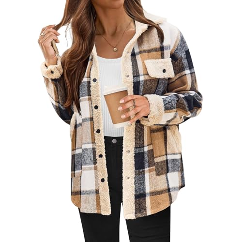 ASKSA Damen Jacke Kariertes Langarm Flanell Shacket Hemdjacke Oversize Holzfällerjacke Winter Casual Mäntel Jacken (Braun,L) von ASKSA
