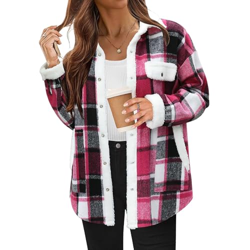 ASKSA Damen Jacke Kariertes Langarm Flanell Shacket Hemdjacke Oversize Holzfällerjacke Winter Casual Mäntel Jacken (Rot,S) von ASKSA