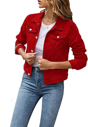 ASKSA Damen Jeansjacke Leichte Kurze Jacke Casual Lange Mantel Denim Outwear (Rot,S) von ASKSA