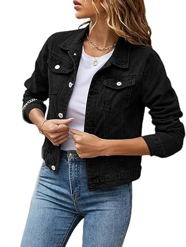 ASKSA Damen Jeansjacke Leichte Kurze Jacke Casual Lange Mantel Denim Outwear (Schwarz,L) von ASKSA