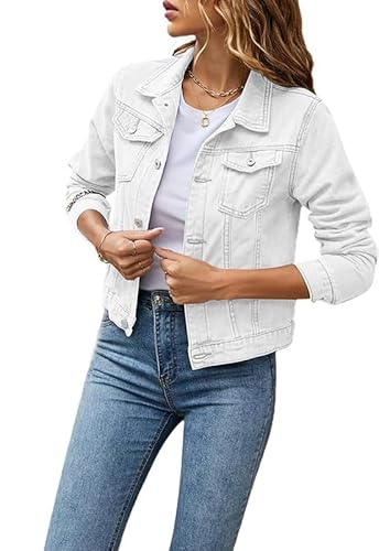 ASKSA Damen Jeansjacke Leichte Kurze Jacke Casual Lange Mantel Denim Outwear (Weiß,L) von ASKSA