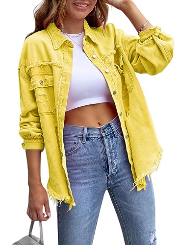 ASKSA Damen Ripped Jeansjacke Vintage Denim Jacken Lässige Jean Mantel Boyfriend Jeansjacken (Gelb,XL) von ASKSA