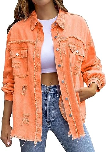 ASKSA Damen Ripped Jeansjacke Vintage Denim Jacken Lässige Jean Mantel Boyfriend Jeansjacken (Orange,L) von ASKSA