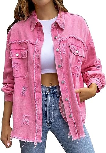 ASKSA Damen Ripped Jeansjacke Vintage Denim Jacken Lässige Jean Mantel Boyfriend Jeansjacken (Rosa,S) von ASKSA