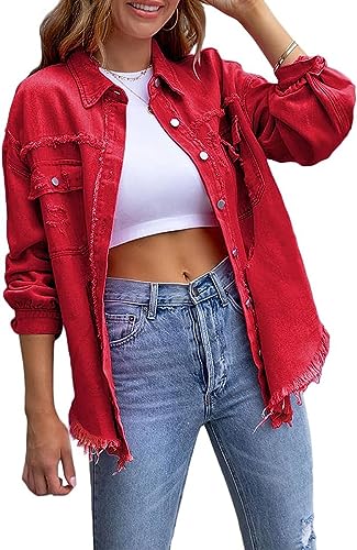 ASKSA Damen Ripped Jeansjacke Vintage Denim Jacken Lässige Jean Mantel Boyfriend Jeansjacken (Rot,S) von ASKSA