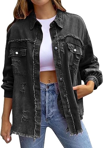 ASKSA Damen Ripped Jeansjacke Vintage Denim Jacken Lässige Jean Mantel Boyfriend Jeansjacken (Schwarz,M) von ASKSA