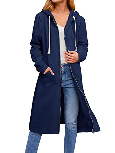 ASKSA Damen Kapuzenjacke Kapuzenpullover Lange Sweatjacke mit Kapuze Hoodie Reißverschluss Oversize Lose Sweatshirt Outwear (Dunkelblau,L) von ASKSA