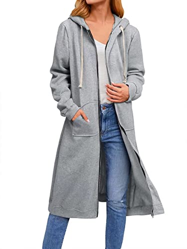 ASKSA Damen Kapuzenjacke Kapuzenpullover Lange Sweatjacke mit Kapuze Hoodie Reißverschluss Oversize Lose Sweatshirt Outwear (Grau,L) von ASKSA