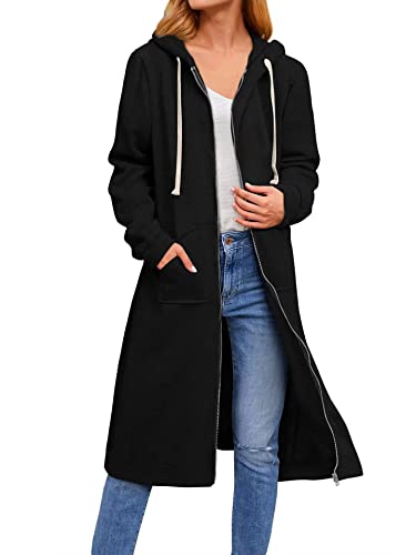 ASKSA Damen Kapuzenjacke Kapuzenpullover Lange Sweatjacke mit Kapuze Hoodie Reißverschluss Oversize Lose Sweatshirt Outwear (Schwarz,3XL) von ASKSA