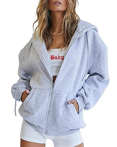 ASKSA Damen Kapuzenjacke Vintage Oversize Sweatjacke Reißverschluss Women's Hoodie Sweatshirt mit Kapuze (Hellgrau,S) von ASKSA