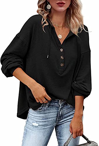 ASKSA Damen Kapuzenpullover Sweatshirts Hoodies Kordelzug Tiefer V-Ausschnitt Knopfleiste Einfarbig Langarm Pullover Tunika Tops(Schwarz,L) von ASKSA