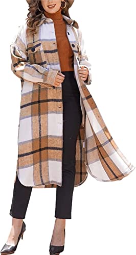 ASKSA Damen Karierte Hemdjacke Bluse Taschen Knöpfen Langarm Oversize Lange Mantel Jacke Holzfällerhemd Mode Boyfriend Shacket Jacken(Khaki,XXL) von ASKSA