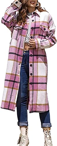 ASKSA Damen Karierte Hemdjacke Bluse Taschen Knöpfen Langarm Oversize Lange Mantel Jacke Holzfällerhemd Mode Boyfriend Shacket Jacken(Rosa,L) von ASKSA