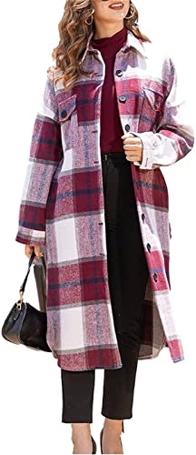 ASKSA Damen Karierte Hemdjacke Bluse Taschen Knöpfen Langarm Oversize Lange Mantel Jacke Holzfällerhemd Mode Boyfriend Shacket Jacken(Weinrot,XXL) von ASKSA