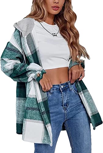 ASKSA Damen Karierte Kapuzen Warm Hemdjacke Bluse Flanell Holzfällerjacke mit Kapuze Langarm Knöpfen Oversize Boyfriend Shacket Mantel Jacken(Grün,XXL) von ASKSA
