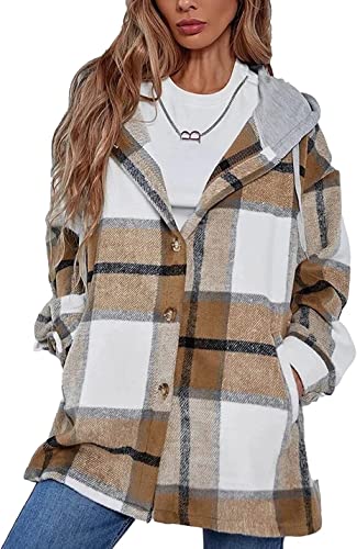 ASKSA Damen Karierte Kapuzen Warm Hemdjacke Bluse Flanell Holzfällerjacke mit Kapuze Langarm Knöpfen Oversize Boyfriend Shacket Mantel Jacken(Khaki,S) von ASKSA