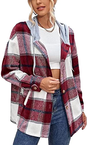 ASKSA Damen Karierte Kapuzen Warm Hemdjacke Bluse Flanell Holzfällerjacke mit Kapuze Langarm Knöpfen Oversize Boyfriend Shacket Mantel Jacken(Weinrot,M) von ASKSA