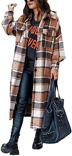 ASKSA Damen Kariertes Lange Hemdjacke Bluse Taschen Knöpfen Langarm Oversize Mantel Jacke Holzfällerjacke Mode Boyfriend Shacket Jacken(Braun,XS) von ASKSA