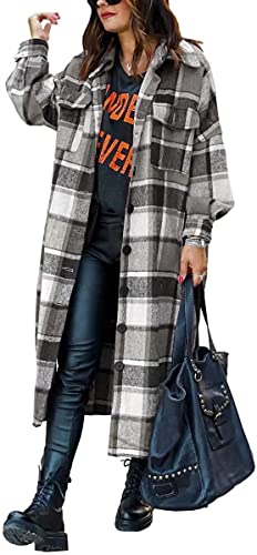 ASKSA Damen Kariertes Lange Hemdjacke Bluse Taschen Knöpfen Langarm Oversize Mantel Jacke Holzfällerjacke Mode Boyfriend Shacket Jacken(Grau,L) von ASKSA