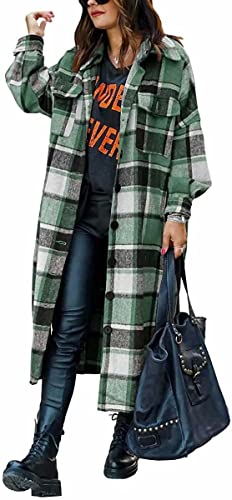 ASKSA Damen Kariertes Lange Hemdjacke Bluse Taschen Knöpfen Langarm Oversize Mantel Jacke Holzfällerjacke Mode Boyfriend Shacket Jacken(Grün,M) von ASKSA