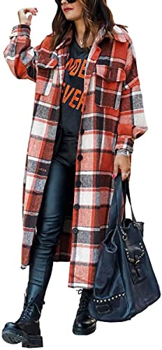 ASKSA Damen Kariertes Lange Hemdjacke Bluse Taschen Knöpfen Langarm Oversize Mantel Jacke Holzfällerjacke Mode Boyfriend Shacket Jacken(Orange Rot,M) von ASKSA