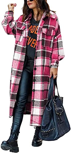 ASKSA Damen Kariertes Lange Hemdjacke Bluse Taschen Knöpfen Langarm Oversize Mantel Jacke Holzfällerjacke Mode Boyfriend Shacket Jacken(Rosenrot,XXL) von ASKSA