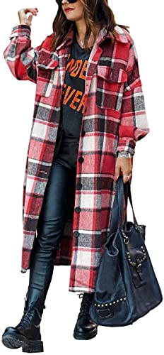ASKSA Damen Kariertes Lange Hemdjacke Bluse Taschen Knöpfen Langarm Oversize Mantel Jacke Holzfällerjacke Mode Boyfriend Shacket Jacken(Rot,L) von ASKSA