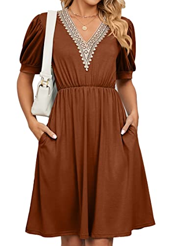 ASKSA Damen Kleider Sommer Kurzarm V-Ausschnitt Kleid mit Taschen Elegant Sommerkleid Taillenkleid Freizeitkleid Für Frauen (Karamell,M) von ASKSA