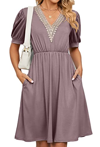 ASKSA Damen Kleider Sommer Kurzarm V-Ausschnitt Kleid mit Taschen Elegant Sommerkleid Taillenkleid Freizeitkleid Für Frauen (Violett,M) von ASKSA