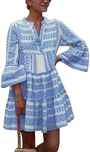 ASKSA Damen Kleider Strand Elegant V-Ausschnitt Blumenkleid Casual A-Linie Boho Tunika 3/4-Arm Sommerkleider Minikleid (Hellblau,XXL) von ASKSA