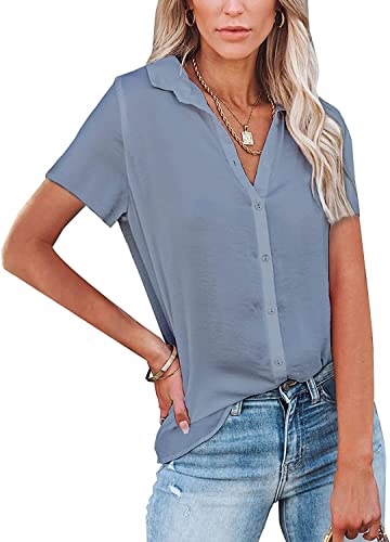 ASKSA Damen Knöpfen Blusen Kurzarm Shirt Elegant Hemden Einfarbig V-Ausschnitt Revers Casual Oberteile(Grau,S) von ASKSA