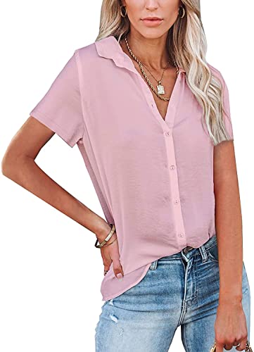 ASKSA Damen Knöpfen Blusen Kurzarm Shirt Elegant Hemden Einfarbig V-Ausschnitt Revers Casual Oberteile(Rosa,S) von ASKSA