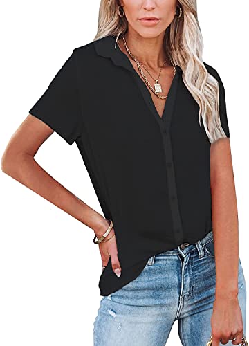 ASKSA Damen Knöpfen Blusen Kurzarm Shirt Elegant Hemden Einfarbig V-Ausschnitt Revers Casual Oberteile(Schwarz,L) von ASKSA