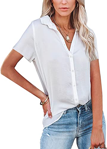 ASKSA Damen Knöpfen Blusen Kurzarm Shirt Elegant Hemden Einfarbig V-Ausschnitt Revers Casual Oberteile(Weiß,L) von ASKSA