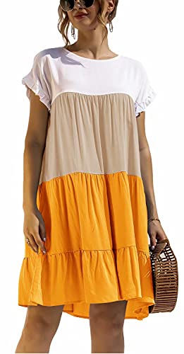 ASKSA Damen Kurzarm Kleid Colorblock Rüschen Rundhals Freizeitkleid One Piece Lässige Midikleider Sommer Loose Swing Kleider (Gelb,2XL) von ASKSA