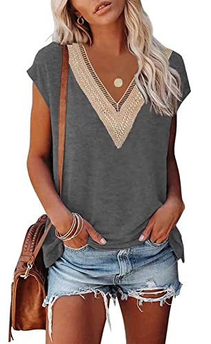 ASKSA Damen Kurzarm T-Shirt V-Ausschnitt Elegant Tunika Oberteile Sommer Lose Casual Tops (Dunkelgrau,XXL) von ASKSA