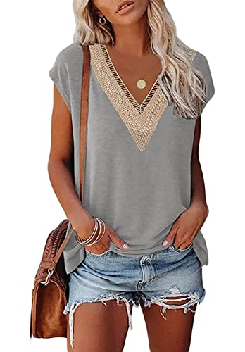 ASKSA Damen Kurzarm T-Shirt V-Ausschnitt Elegant Tunika Oberteile Sommer Lose Casual Tops (Hellgrau,L) von ASKSA