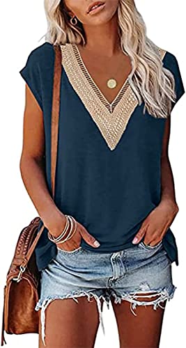 ASKSA Damen Kurzarm T-Shirt V-Ausschnitt Elegant Tunika Oberteile Sommer Lose Casual Tops (Navy Blau,L) von ASKSA