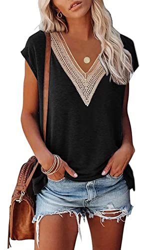 ASKSA Damen Kurzarm T-Shirt V-Ausschnitt Elegant Tunika Oberteile Sommer Lose Casual Tops (Schwarz,S) von ASKSA