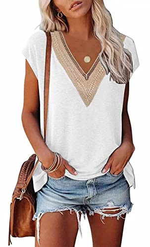 ASKSA Damen Kurzarm T-Shirt V-Ausschnitt Elegant Tunika Oberteile Sommer Lose Casual Tops (Weiß,L) von ASKSA