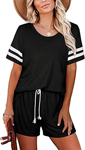 ASKSA Damen Kurzarm T-shirts Jogginganzug Sportanzug Trainingsanzug Hausanzug 2 Teilig Freizeitanzug Sportswear Homewear Set mit Taschen(Schwarz,M) von ASKSA