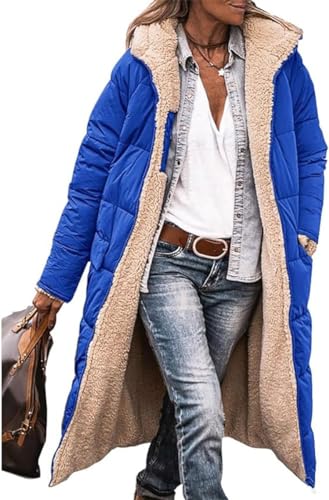 ASKSA Damen Lang Daunenmantel Warm Fleece Reversibel Winterjacke Daunenjacke Mantel Kapuze Fleecejacke (Blau,M) von ASKSA
