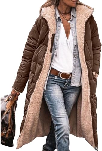 ASKSA Damen Lang Daunenmantel Warm Fleece Reversibel Winterjacke Daunenjacke Mantel Kapuze Fleecejacke (Kaffee,S) von ASKSA